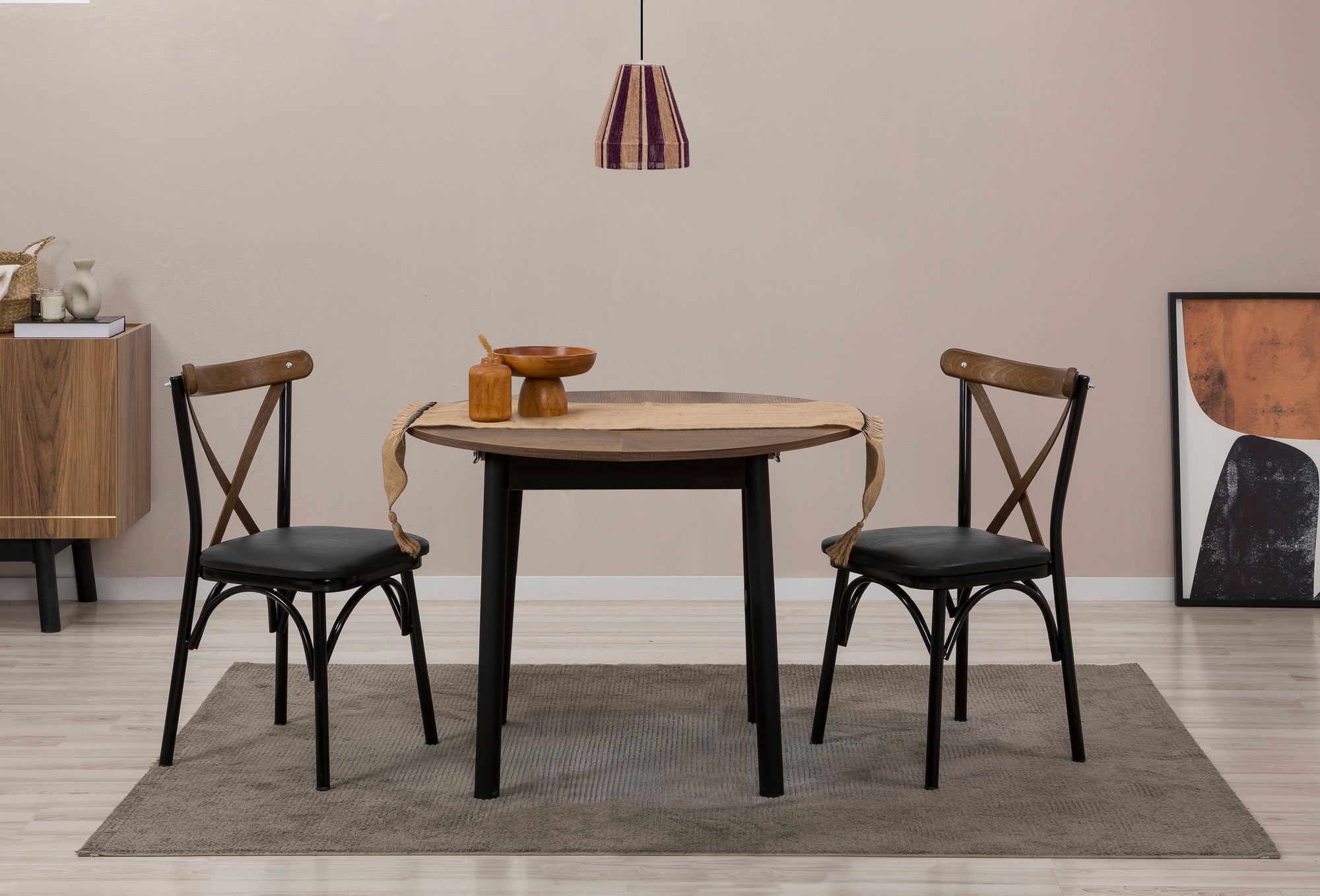 Conjunto de mesa de jantar extensível e cadeiras (3 peças), preto e nogueira, 100 cm | 100% revestido em melamina, pernas de madeira de faia | Elegante e funcional para refeições modernas