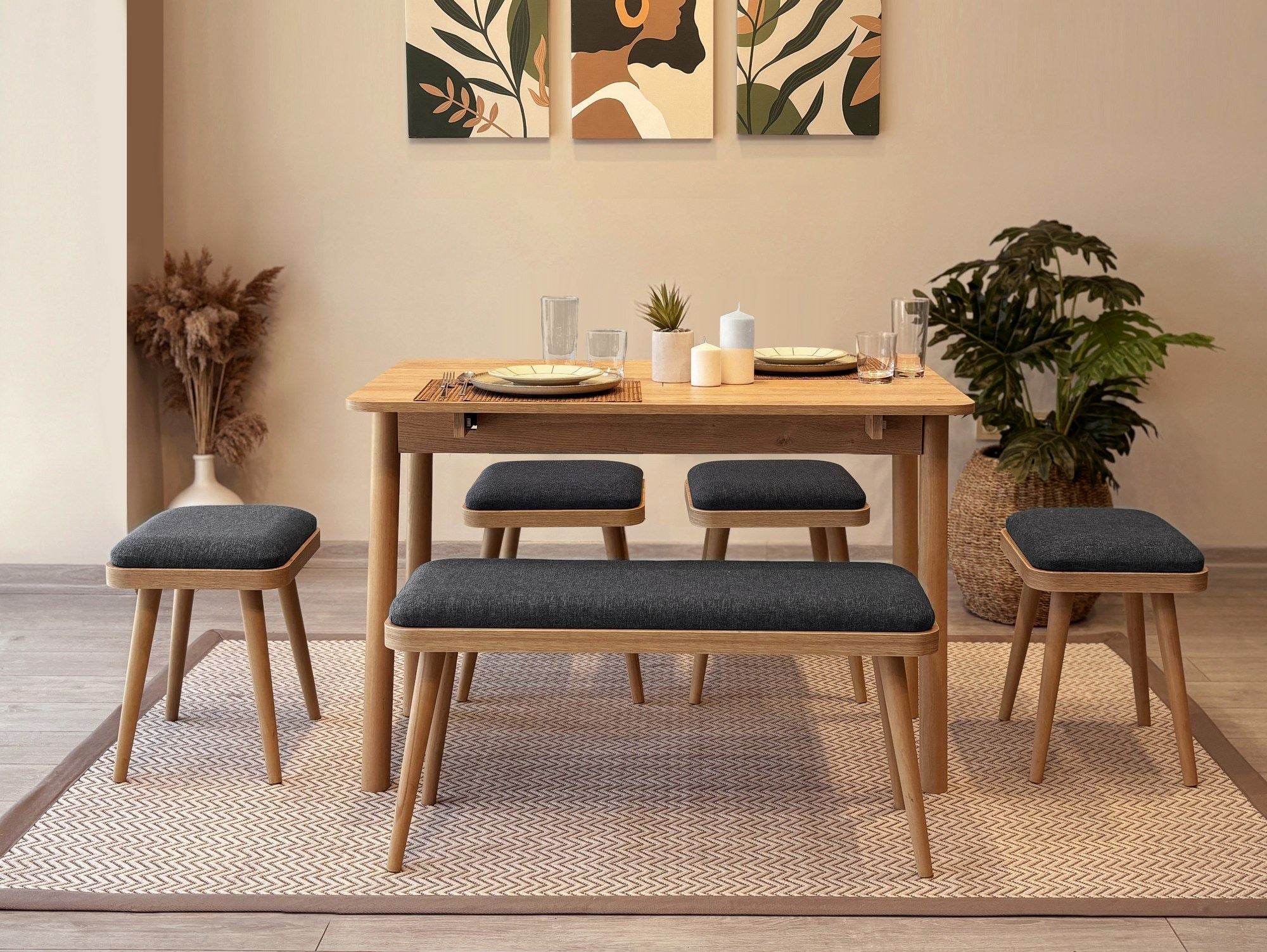 Conjunto de mesa de jantar extensível e cadeiras – 110x50 cm – Carvalho e Antracite – Painéis de partículas revestidos a melamina