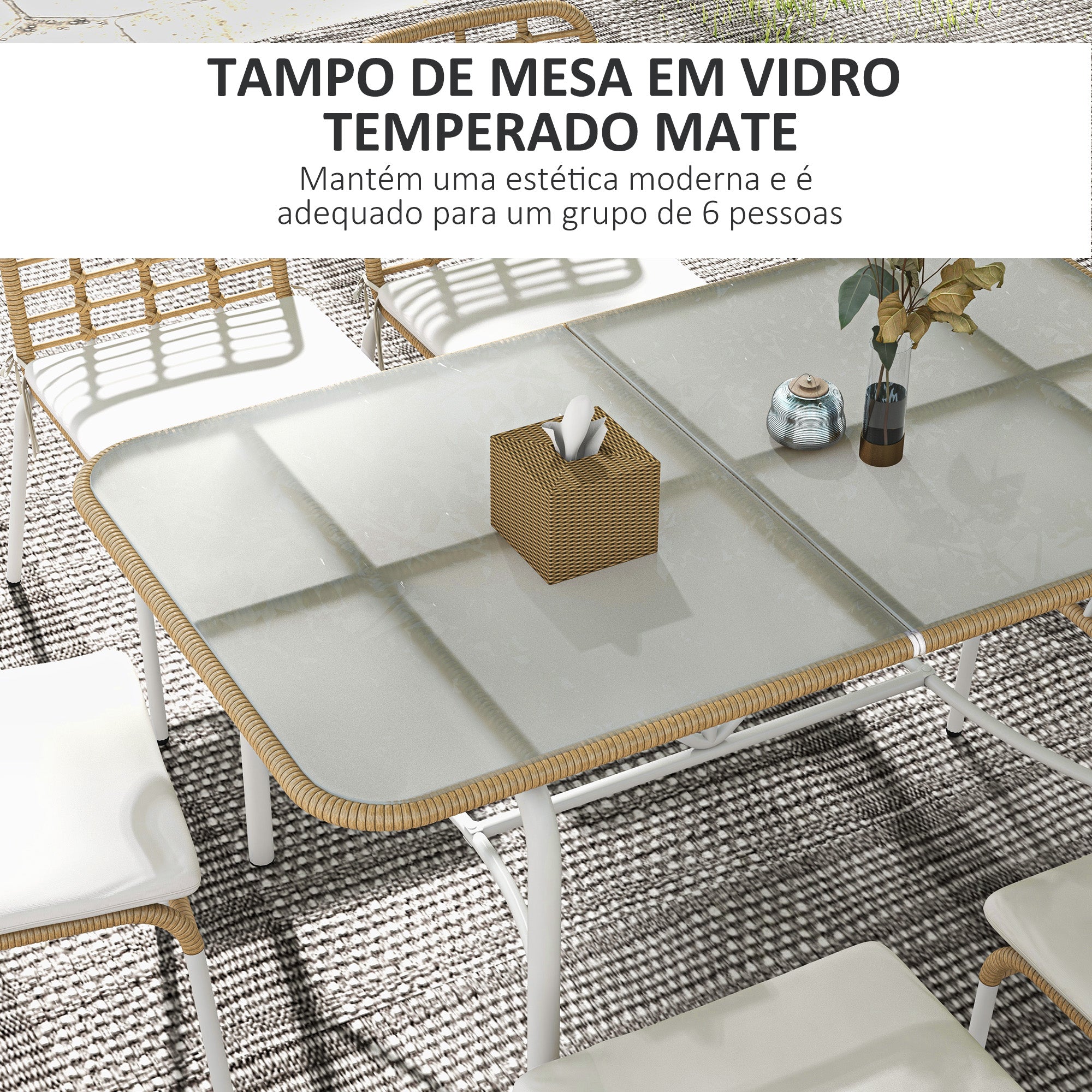 Conjunto de Refeição de Vime Sintético 7 Peças - Cor de Madeira Natural 139x78x73 cm