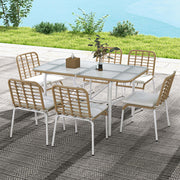 Conjunto de Refeição de Vime Sintético 7 Peças - Cor de Madeira Natural 139x78x73 cm