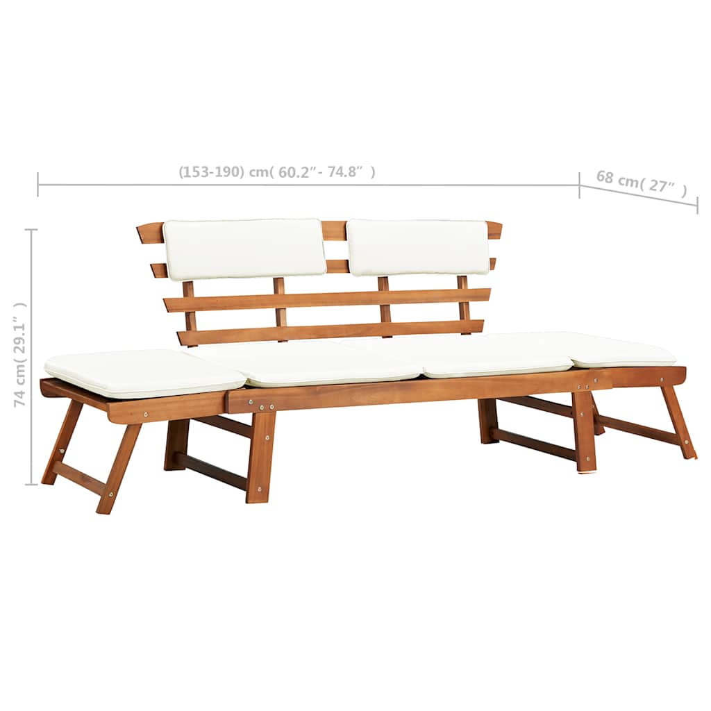 Banco de jardim + almofadões 2-em-1 190cm madeira acácia maciça