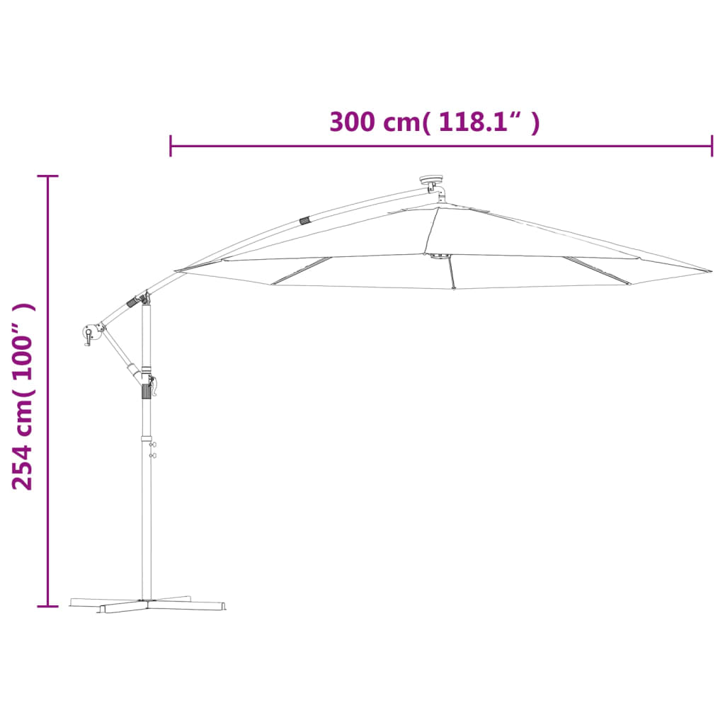 Guarda-sol suspenso c/ iluminação LED 300 cm verde mastro metal