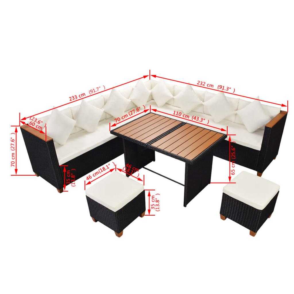 7 pcs conjunto lounge de jardim c/ almofadões vime PE preto