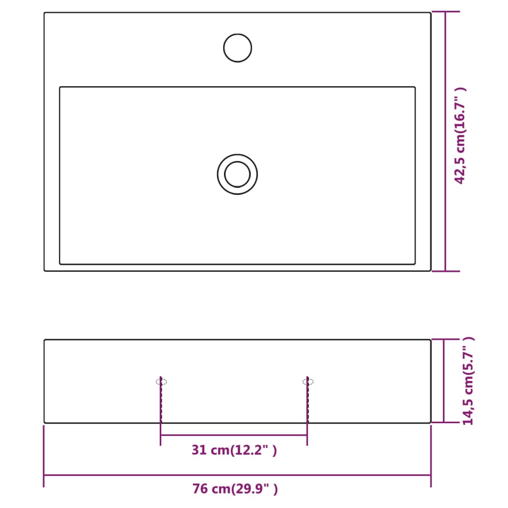 Lavatório + abertura p/ torneira cerâmica branco 76x42,5x14,5cm