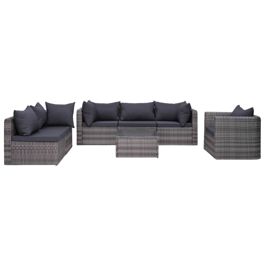 7 pcs sofás de jardim c/ almofadões+almofadas vime PE cinzento