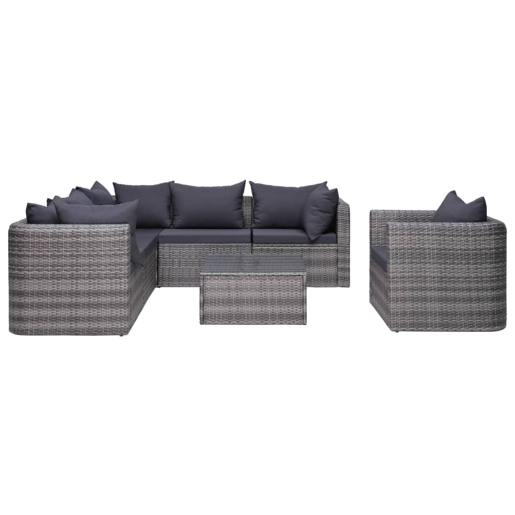 7 pcs sofás de jardim c/ almofadões+almofadas vime PE cinzento