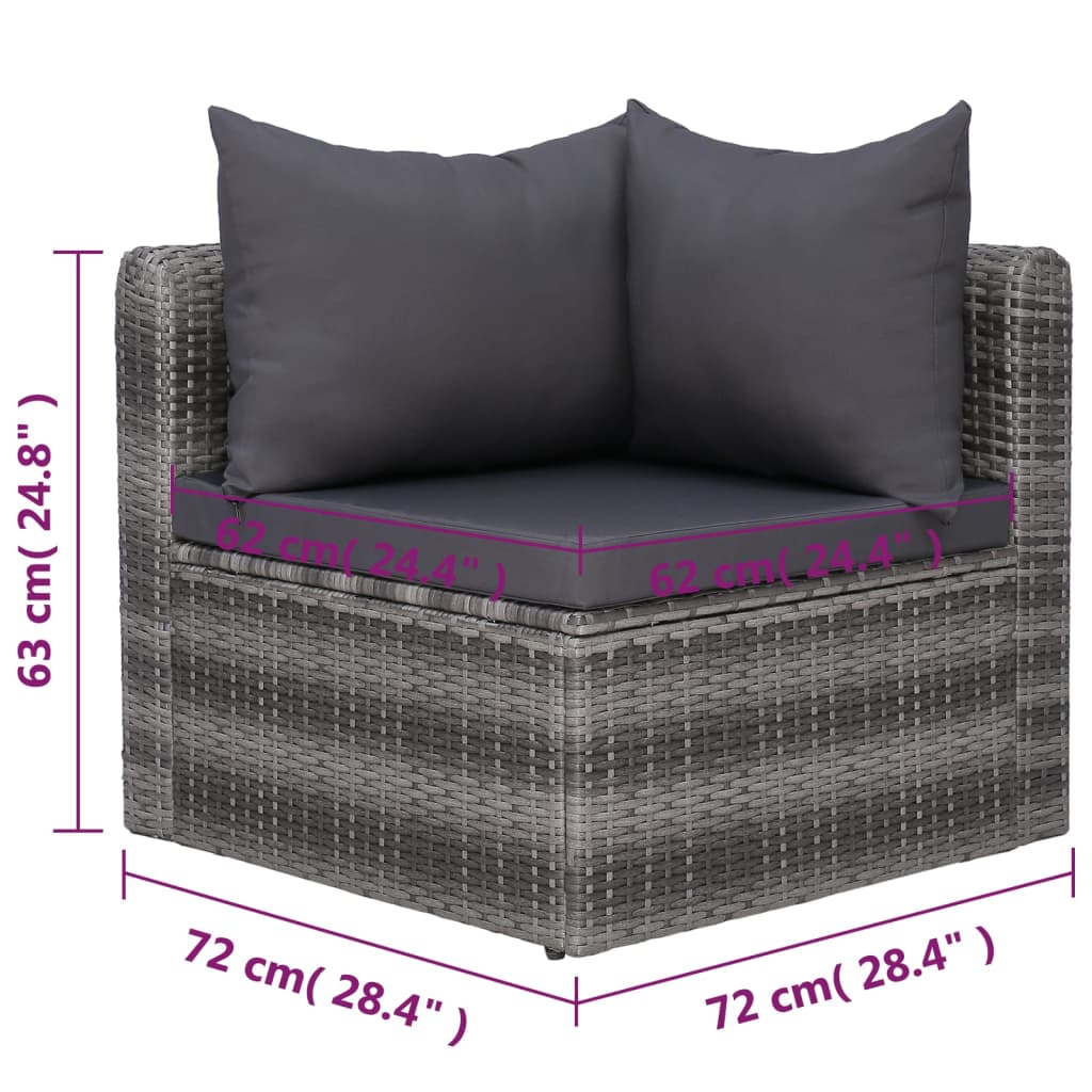 7 pcs sofás de jardim c/ almofadões+almofadas vime PE cinzento