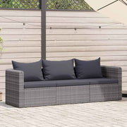 3 pcs conjunto sofás de jardim c/ almofadões vime PE cinzento