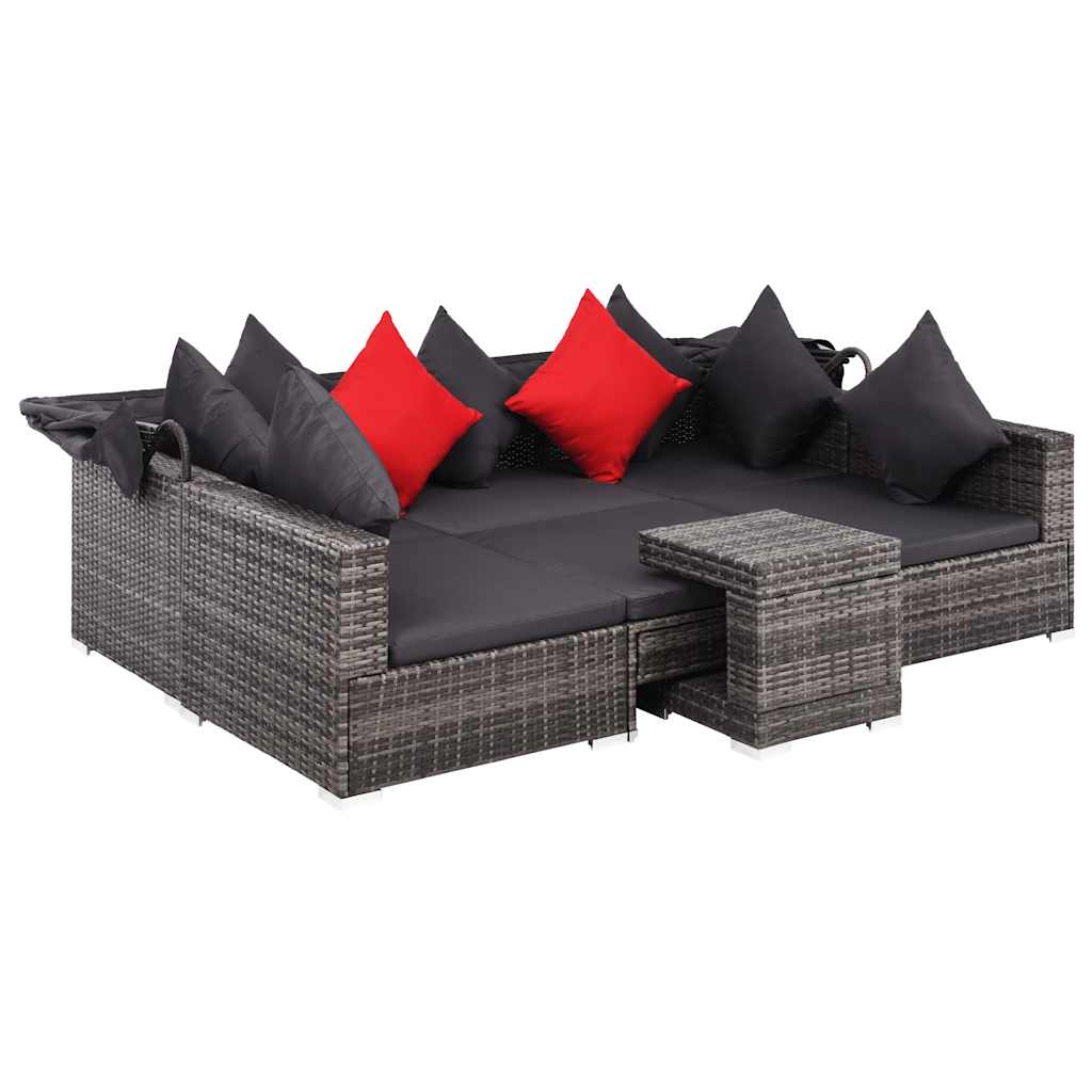 7 pcs conjunto lounge de jardim c/ almofadões vime PE cinzento