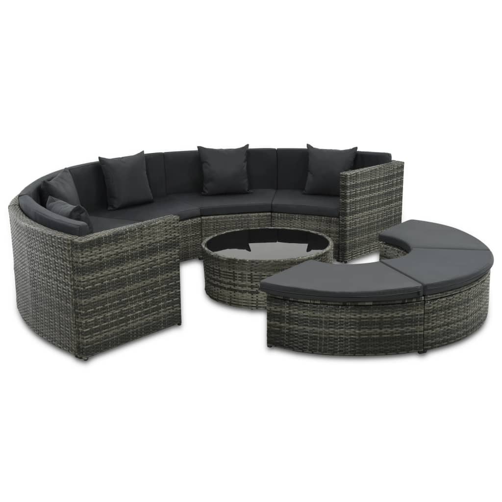 7 pcs conjunto lounge de jardim c/ almofadões vime PE cinzento
