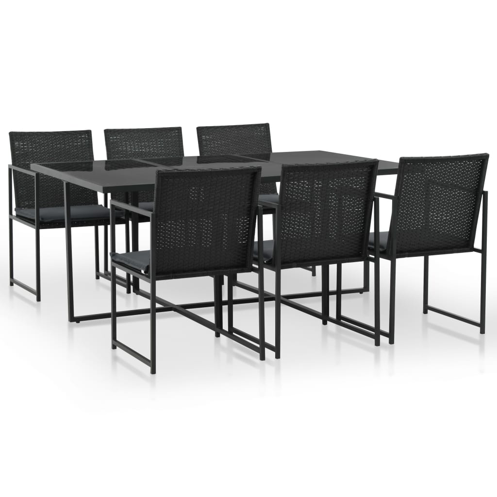 7 pcs conjunto jantar exterior com almofadões vime PE preto