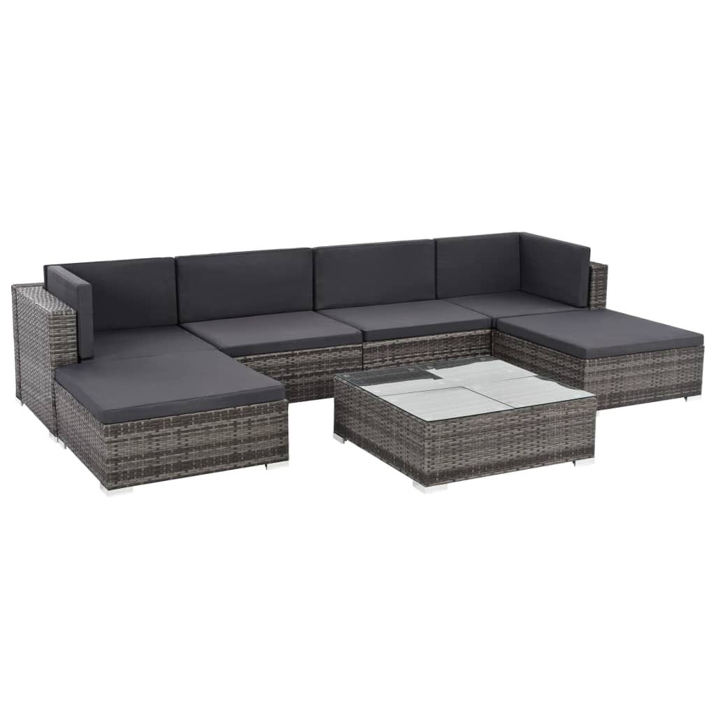 7 pcs conjunto lounge de jardim c/ almofadões vime PE cinzento
