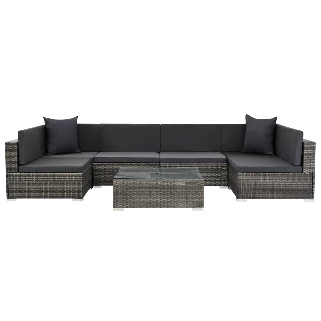 7 pcs conjunto lounge de jardim c/ almofadões vime PE cinzento