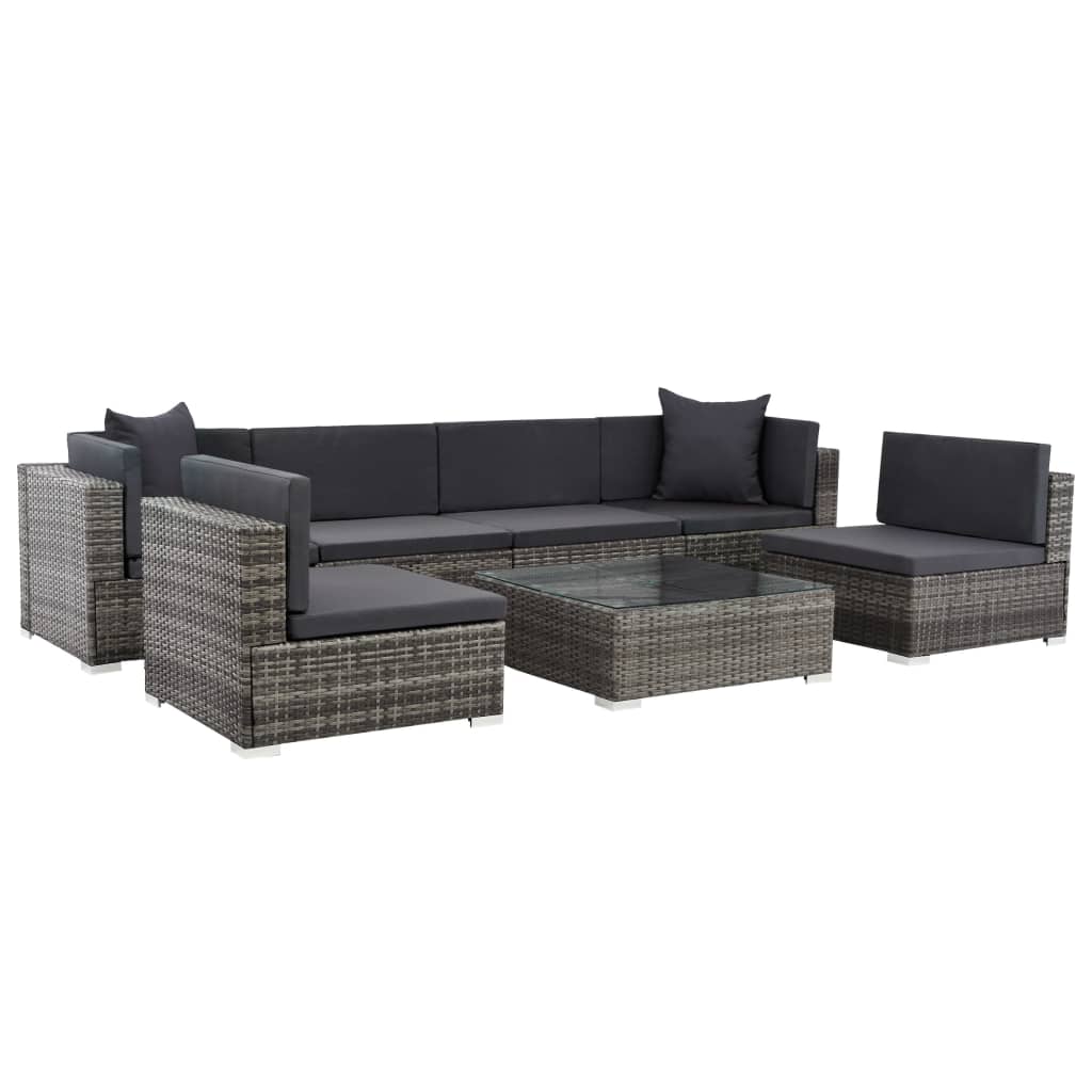 7 pcs conjunto lounge de jardim c/ almofadões vime PE cinzento