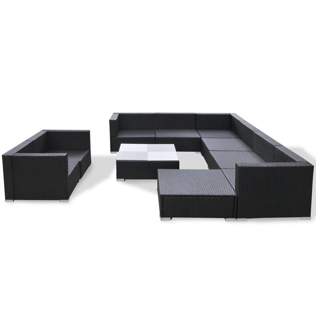 10 pcs conjunto lounge de jardim c/ almofadões vime PE preto