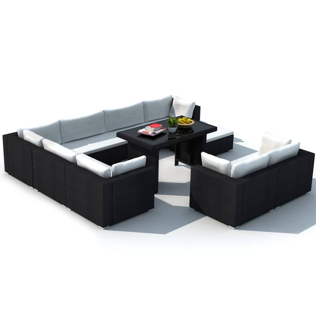 10 pcs conjunto lounge de jardim c/ almofadões vime PE preto