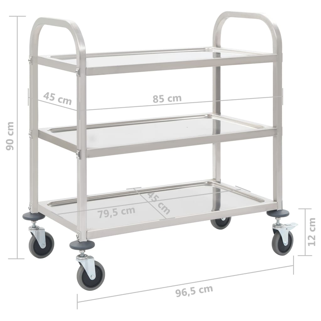 Carrinho de cozinha de 3 níveis 96,5x55x90 cm aço inoxidável