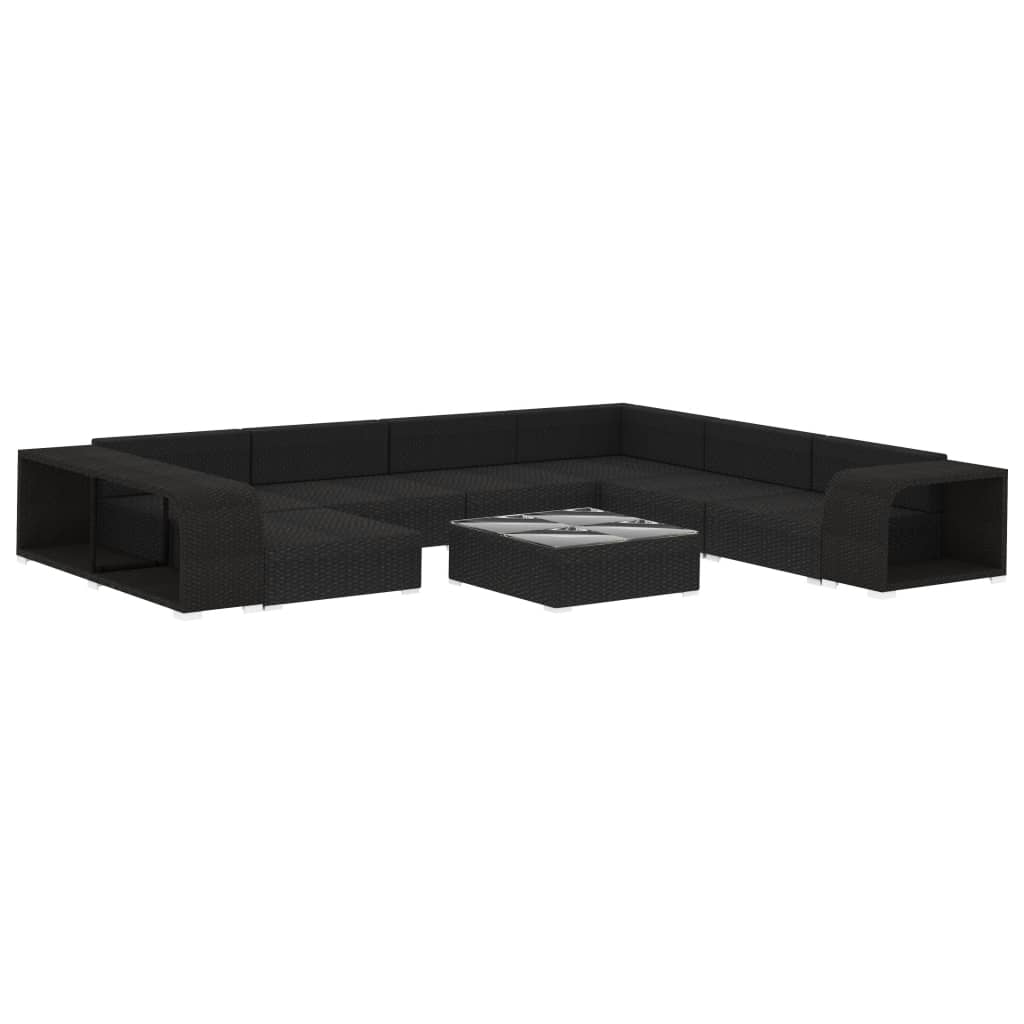 10 pcs conjunto lounge de jardim c/ almofadões vime PE preto