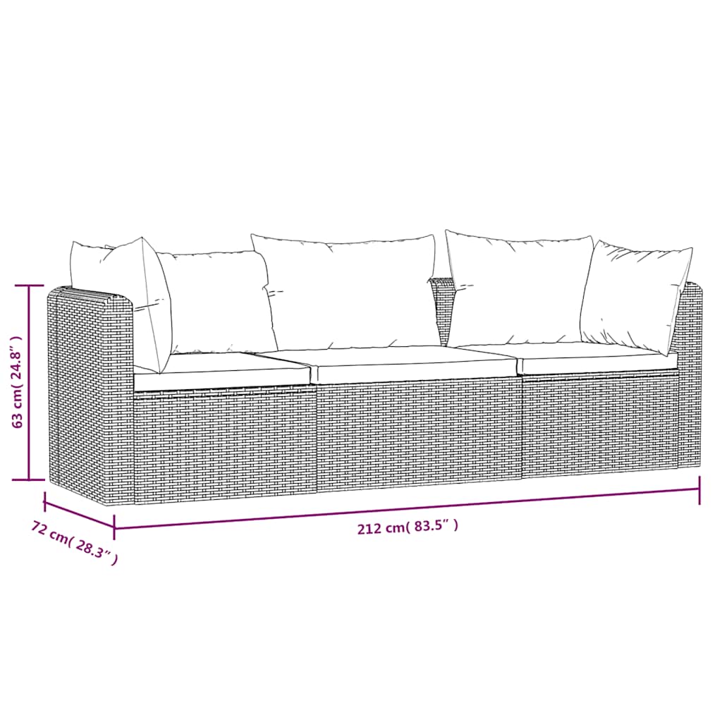3 pcs conjunto sofás de jardim c/ almofadões vime PE preto