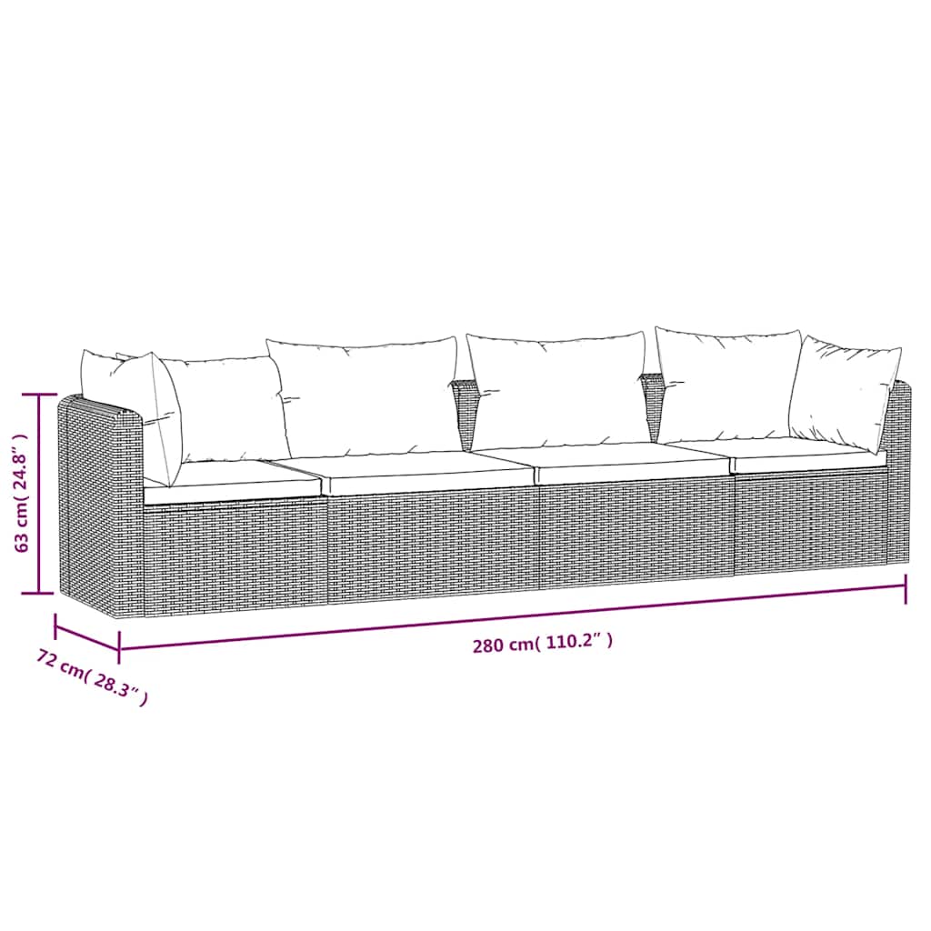 4 pcs conjunto sofás de jardim c/ almofadões vime PE preto