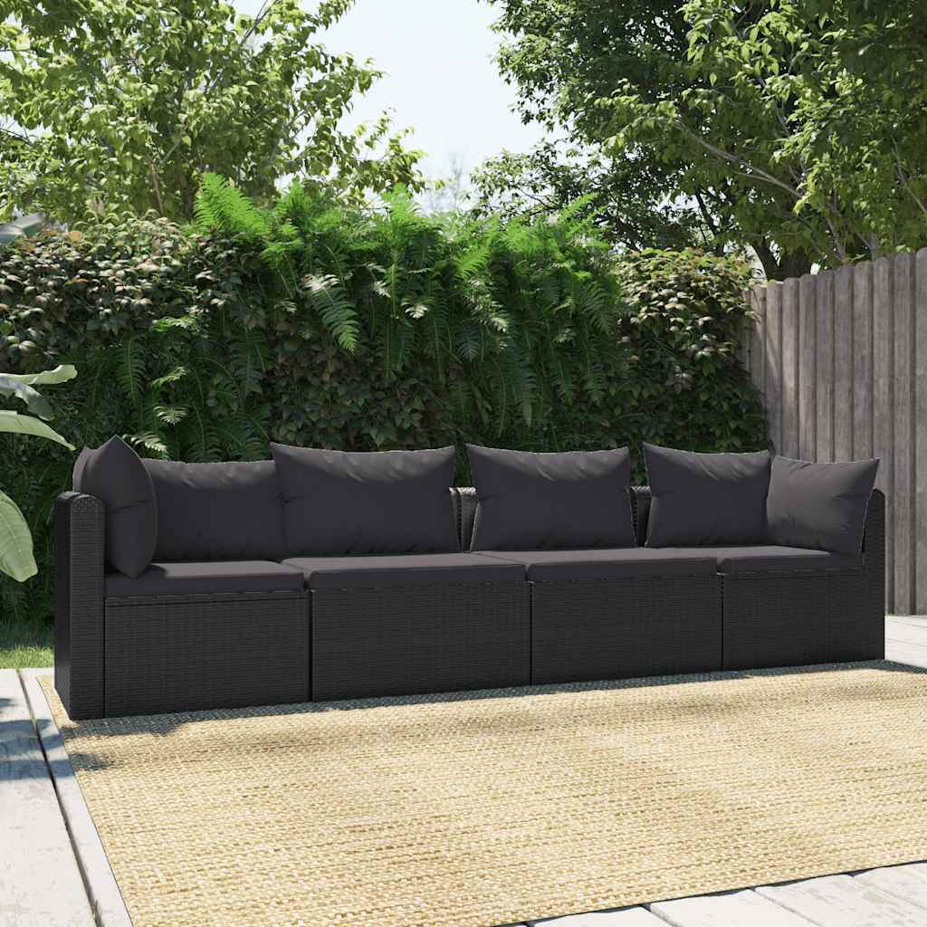 4 pcs conjunto sofás de jardim c/ almofadões vime PE preto