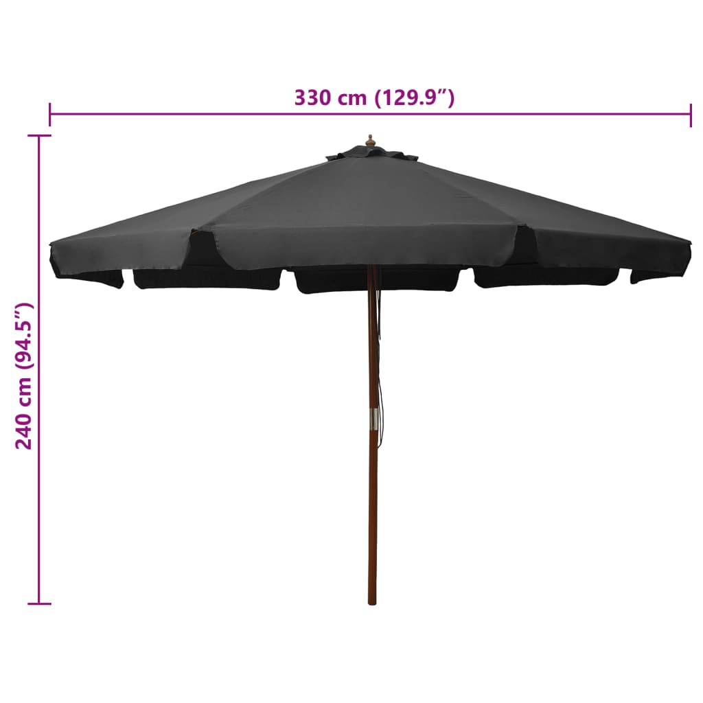 Guarda-sol de exterior com poste de madeira 330 cm antracite