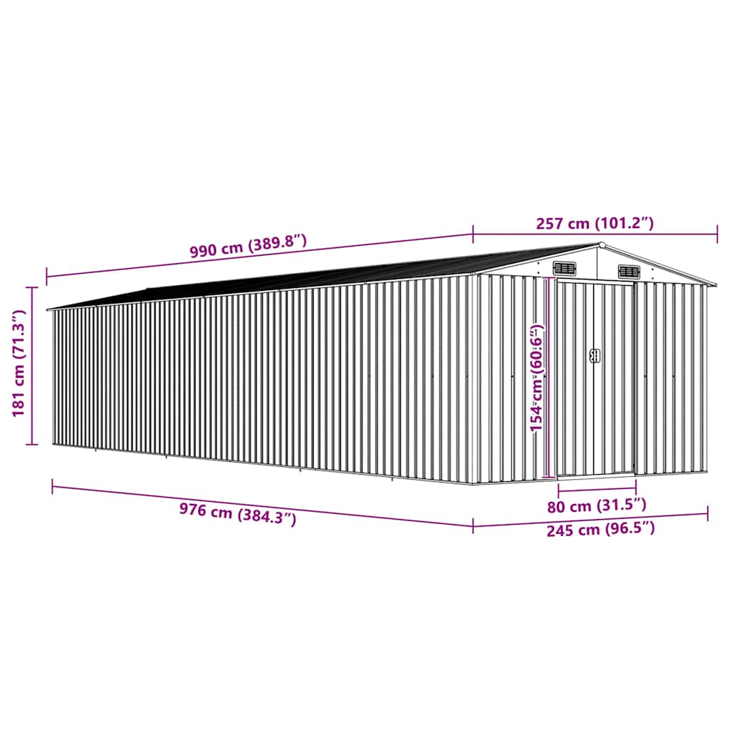 Abrigo de jardim 257x990x181 cm aço galvanizado verde