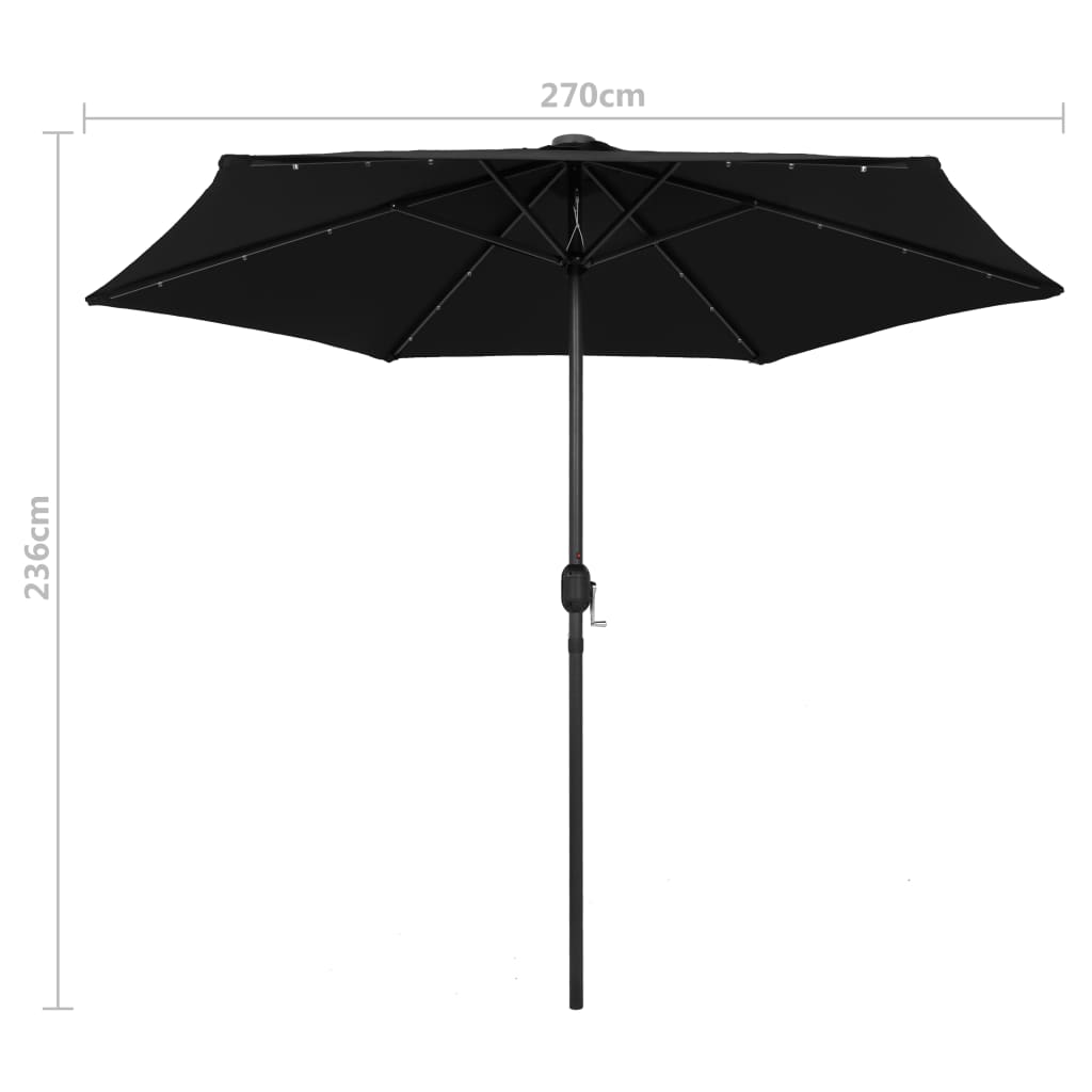 Guarda-sol de jardim c/ luzes LED/poste alumínio 270 cm preto