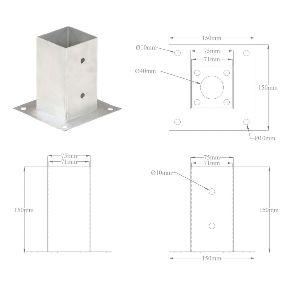 Suportes para postes 4 pcs metal galvanizado 71 mm