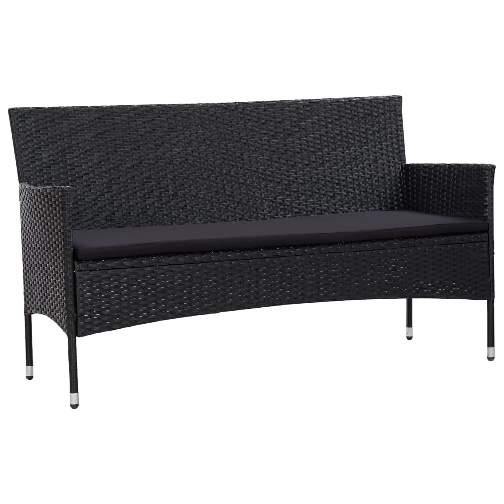 Sofá de jardim 3 lugares com almofadões vime PE preto