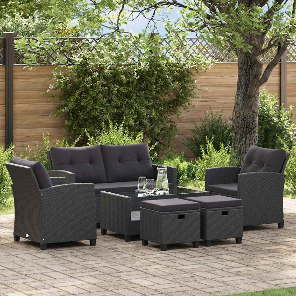 6 pcs conjunto sofás de jardim c/ almofadões vime PE preto