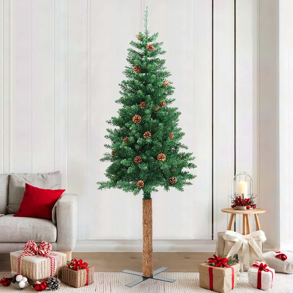 Árvore de Natal fina madeira e pinhas genuínas 210 cm PVC verde
