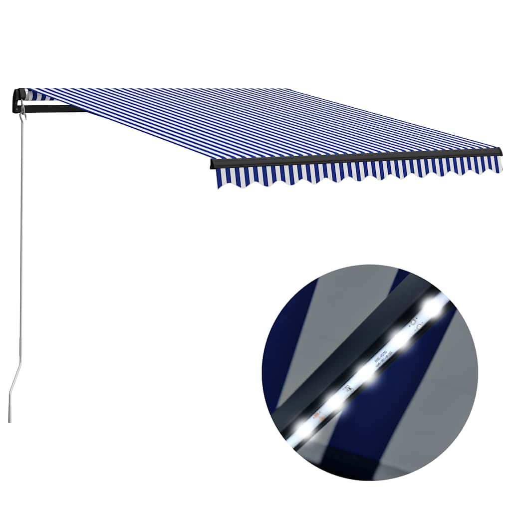 Toldo retrátil manual com LED 300x250 cm azul e branco