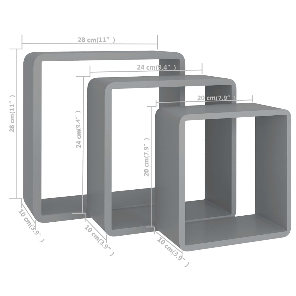 Prateleiras de parede em forma de cubo 3 pcs MDF cinzento