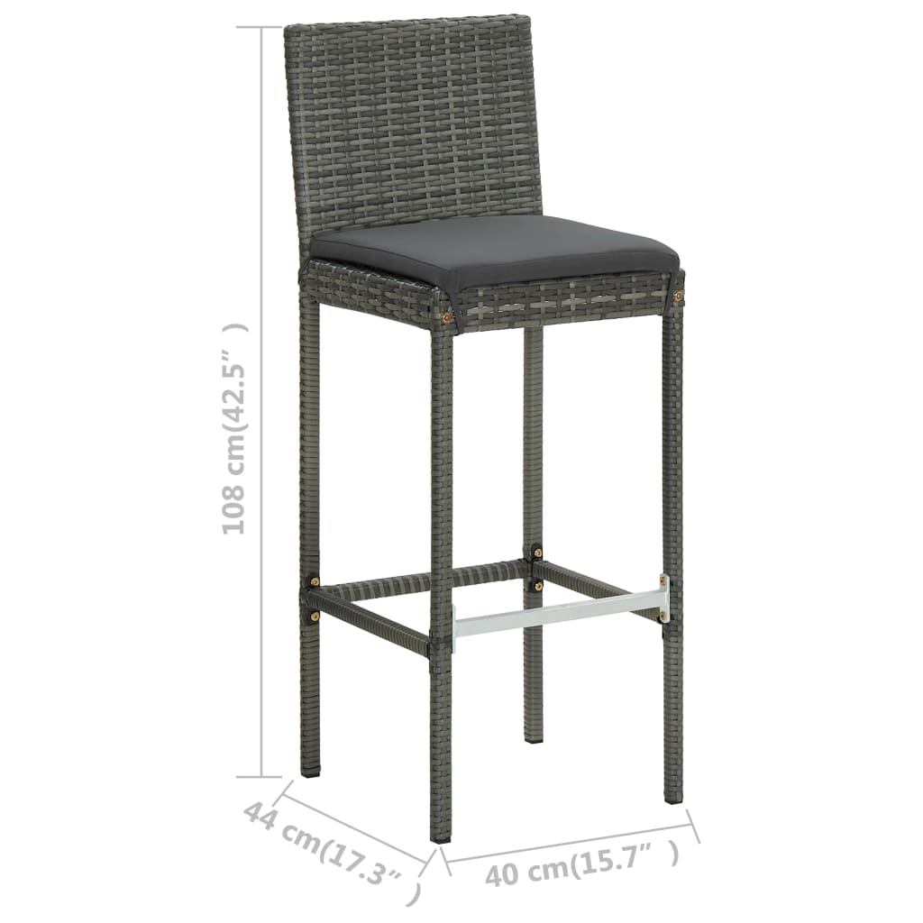 Bancos de bar p/ jardim com almofadões 4 pcs vime PE cinzento