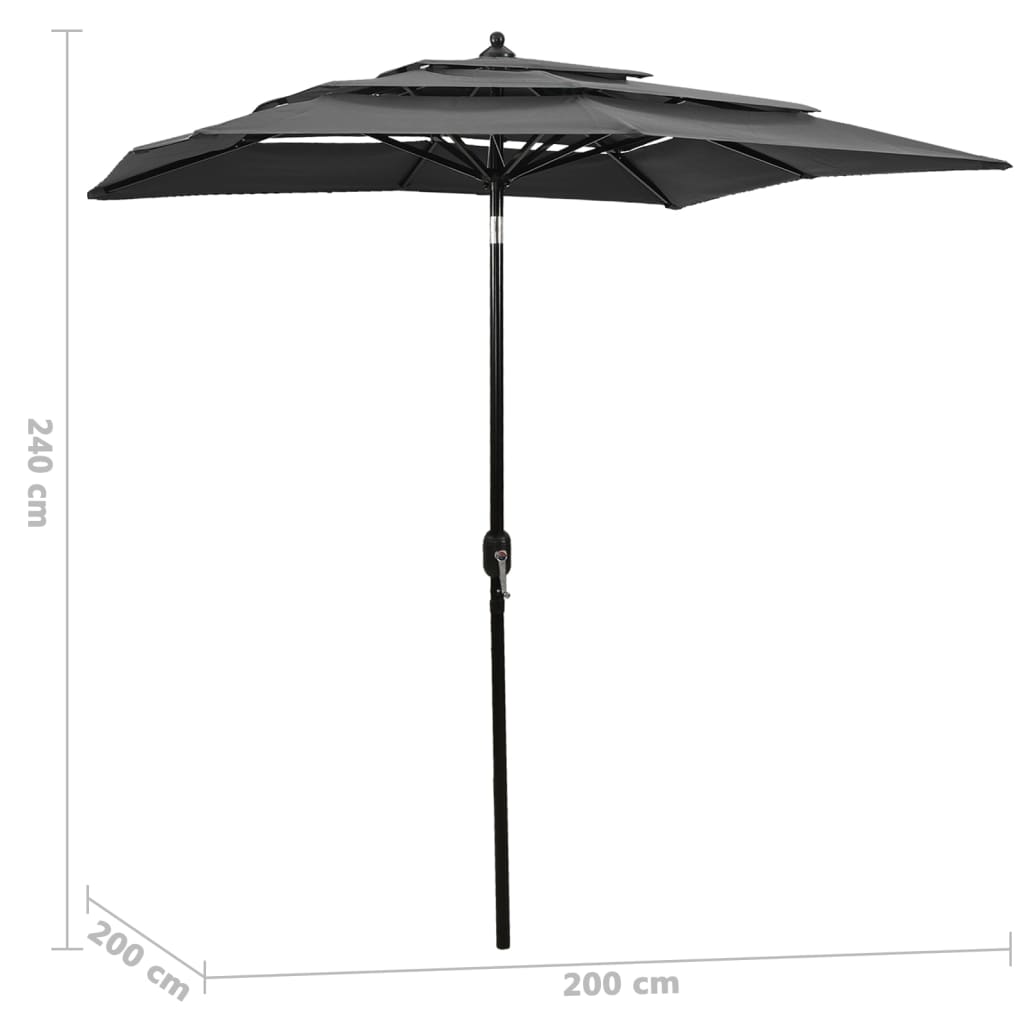 Guarda-sol de jardim 3 camadas c/ poste alumínio 2x2m antracite