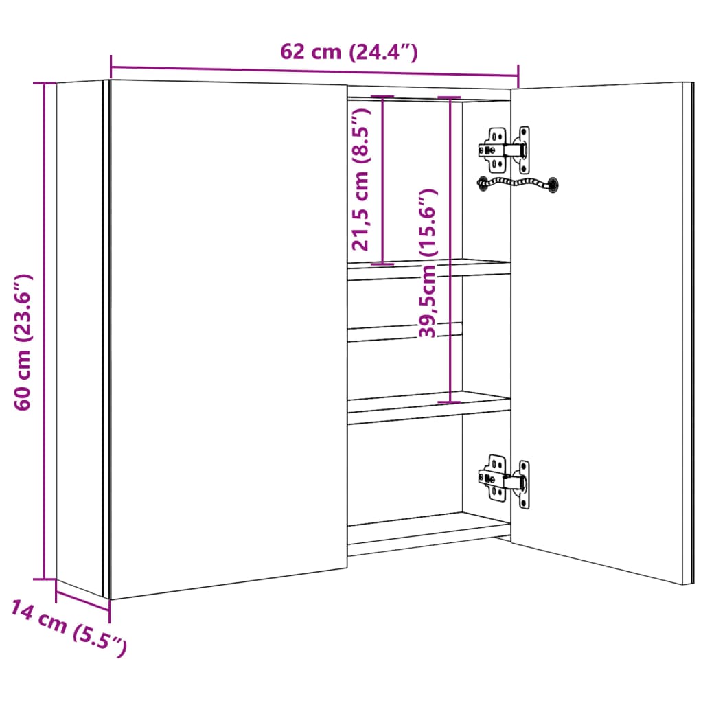 Armário espelhado casa de banho LED 62x14x60cm cinzento cimento
