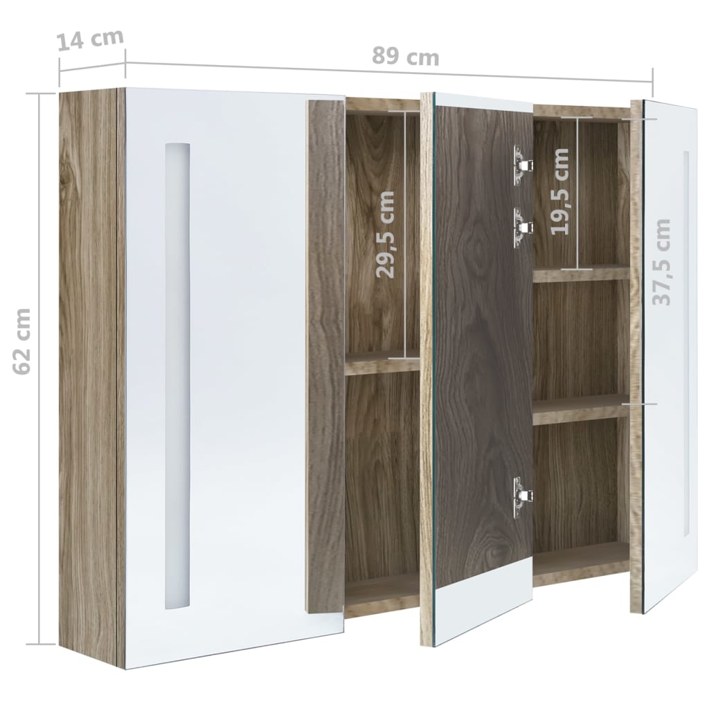 Armário espelhado p/ casa de banho com LED 89x14x62 cm carvalho