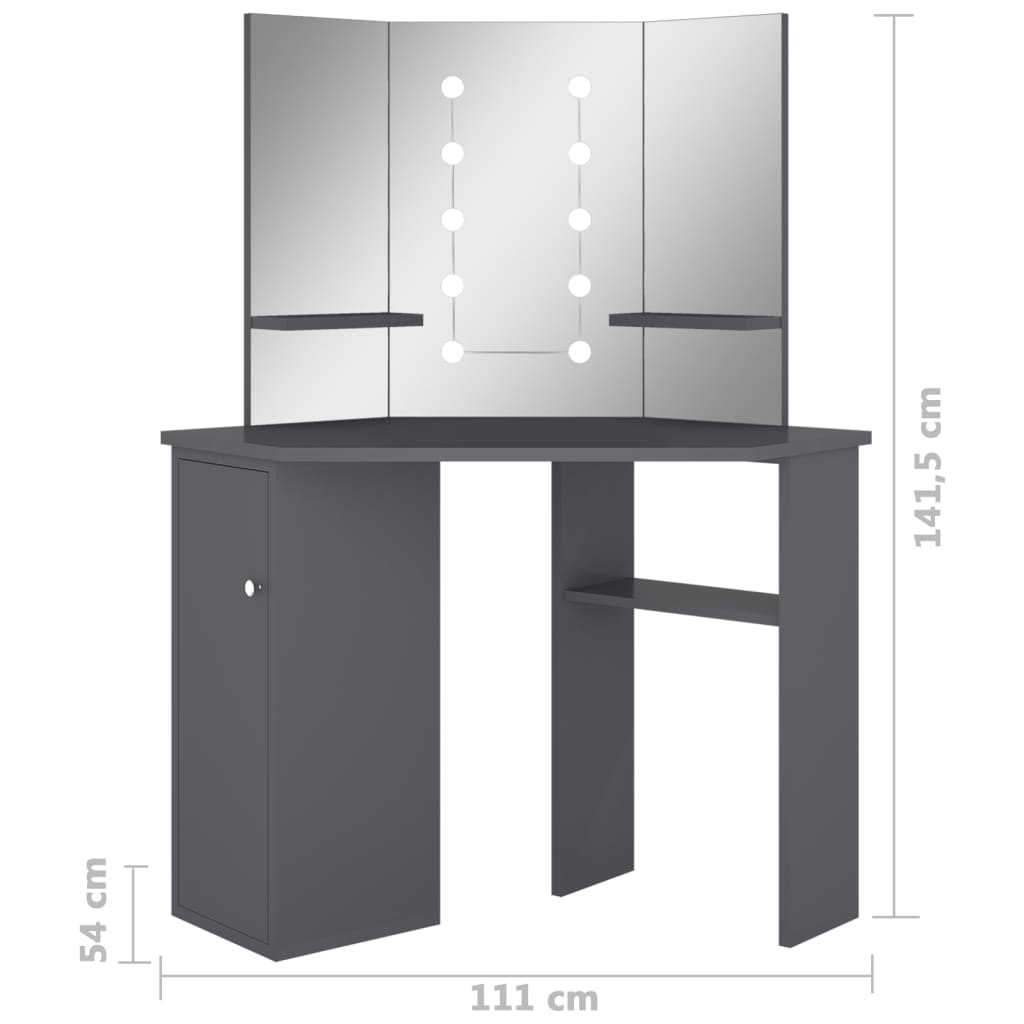 Toucador de canto com LED 111x54x141,5 cm cinzento