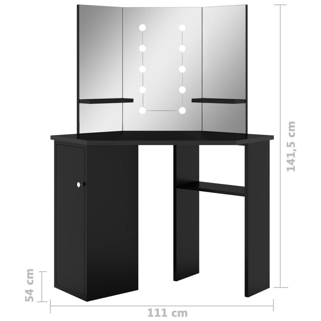 Toucador de canto com LED 111x54x141,5 cm preto