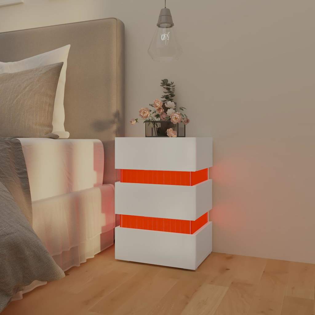 Mesa de cabeceira c/ luzes LED derivados de madeira branco