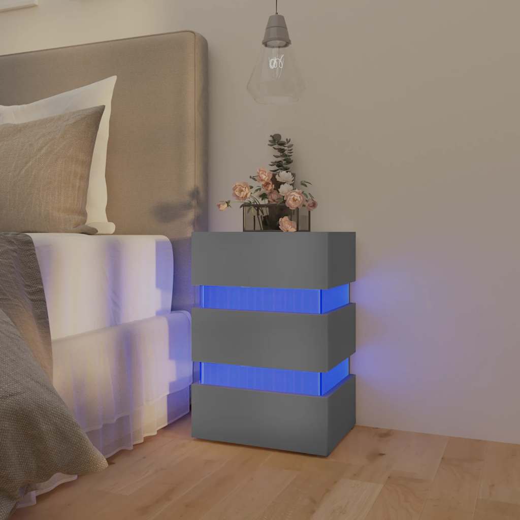 Mesa de cabeceira c/ luzes LED derivados de madeira cinza