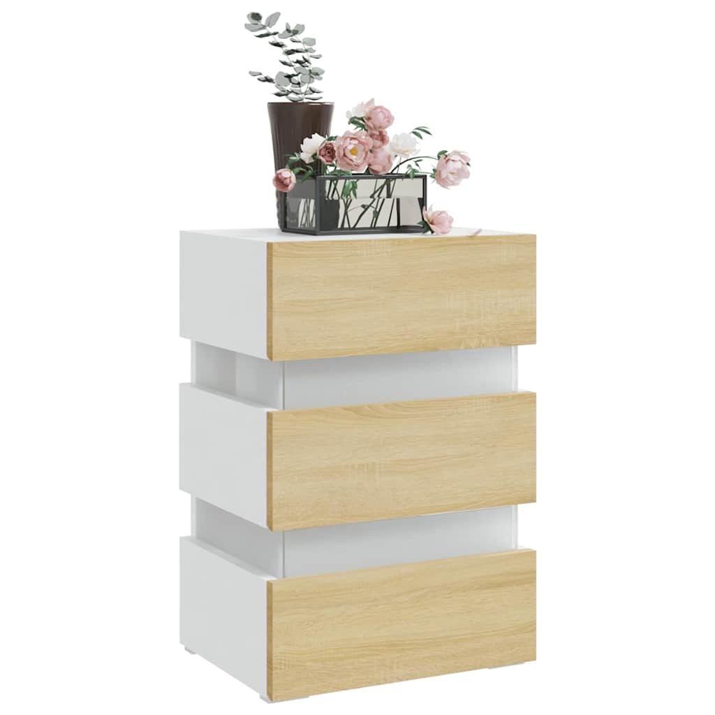 Mesa de cabeceira c/ LEDs derivados de madeira branco/sonoma