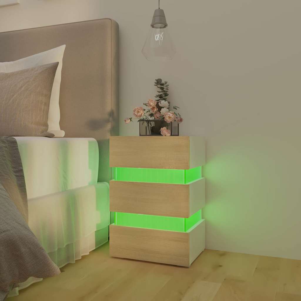 Mesa de cabeceira c/ LEDs derivados de madeira branco/sonoma