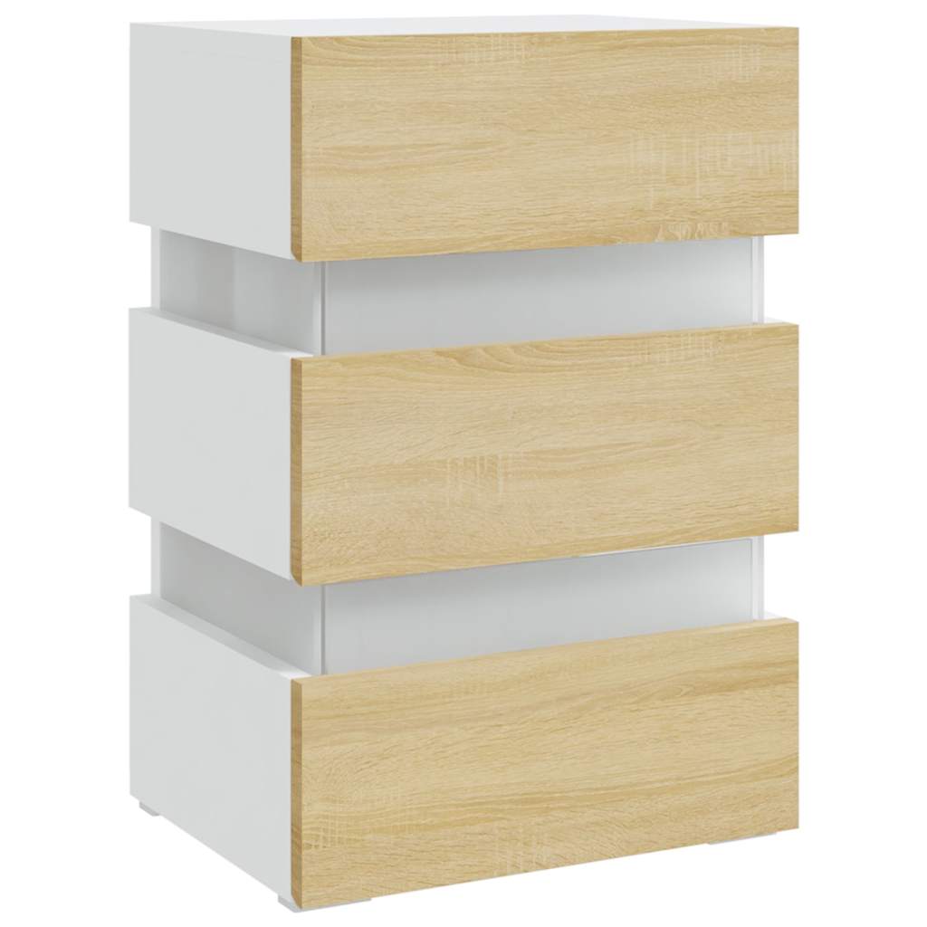 Mesa de cabeceira c/ LEDs derivados de madeira branco/sonoma