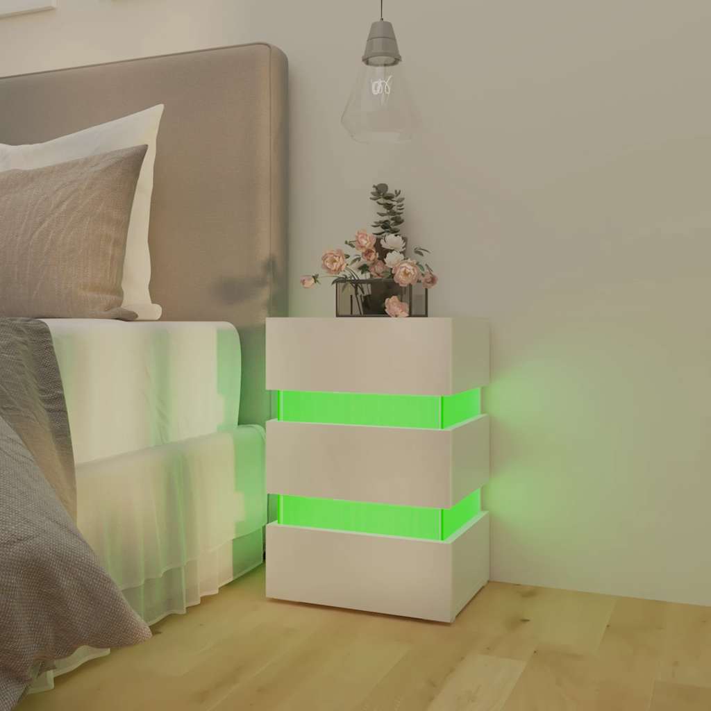 Mesa de cabeceira c/ luzes LED deriv. madeira branco brilhante