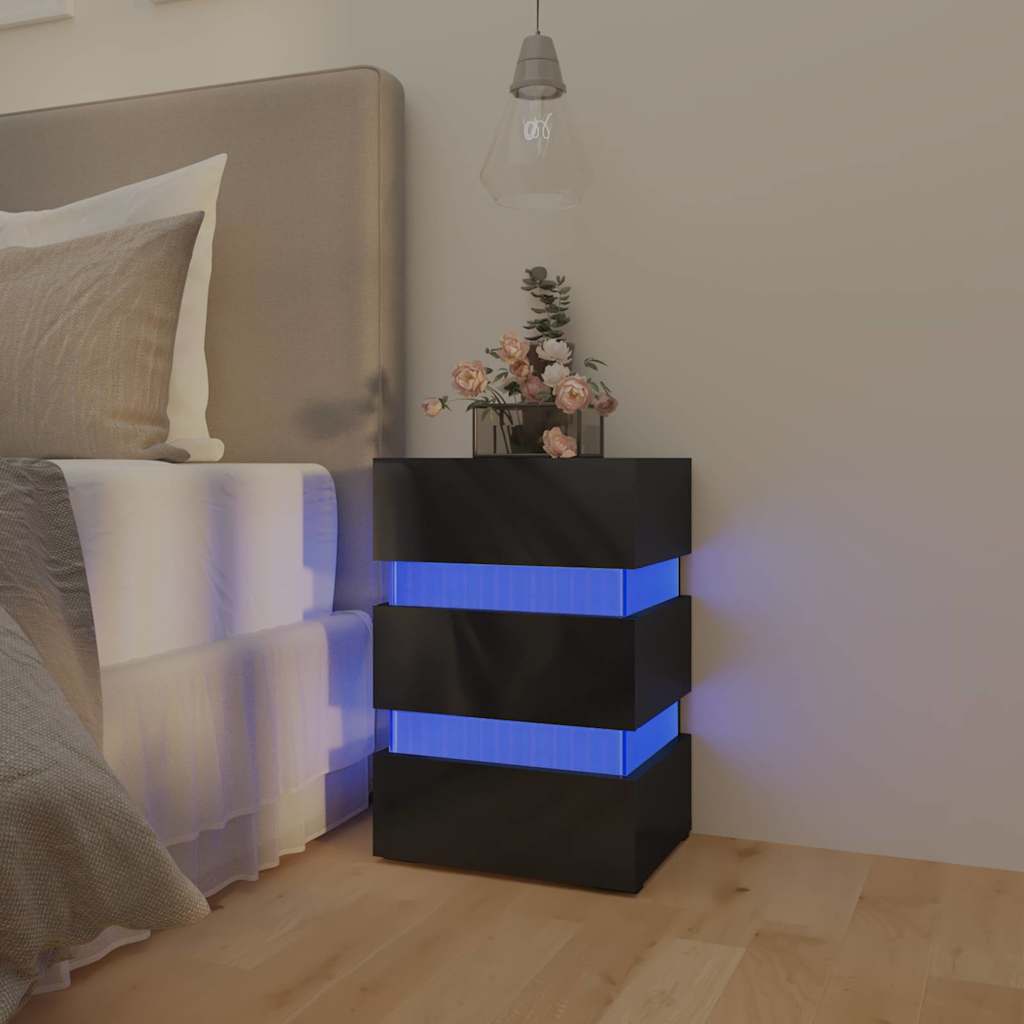 Mesa de cabeceira c/ luzes LED deriv. madeira preto brilhante