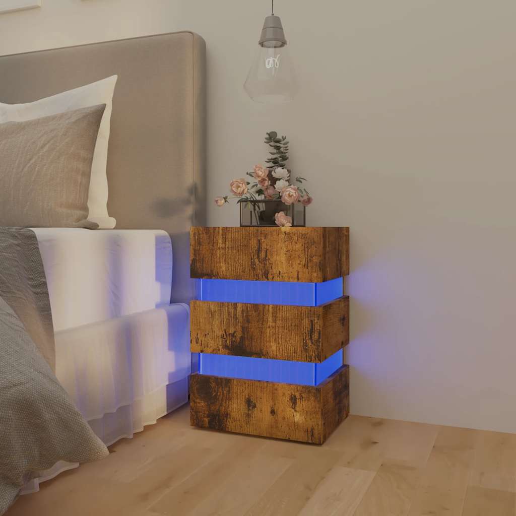 Mesa de cabeceira c/ LEDs derivados de madeira carvalho fumado