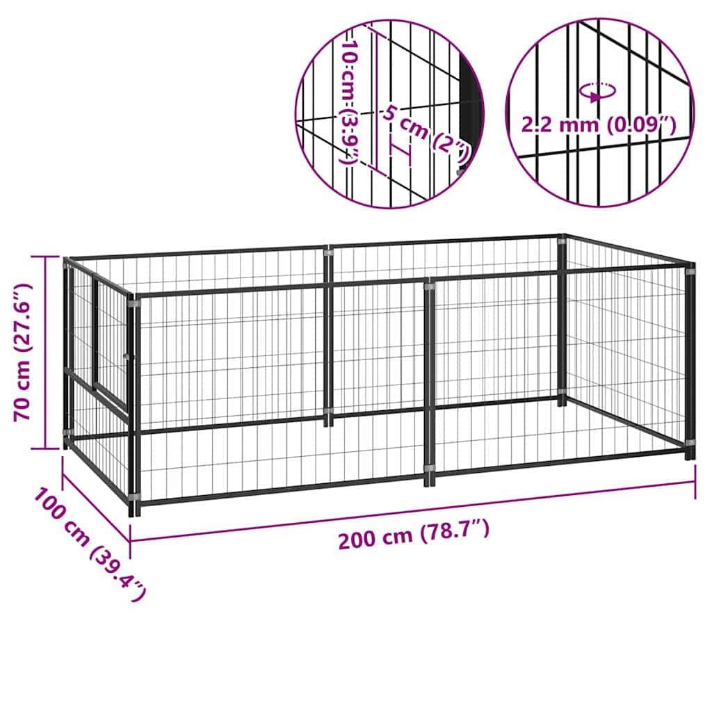 Canil para cães 200x100x70 cm aço preto