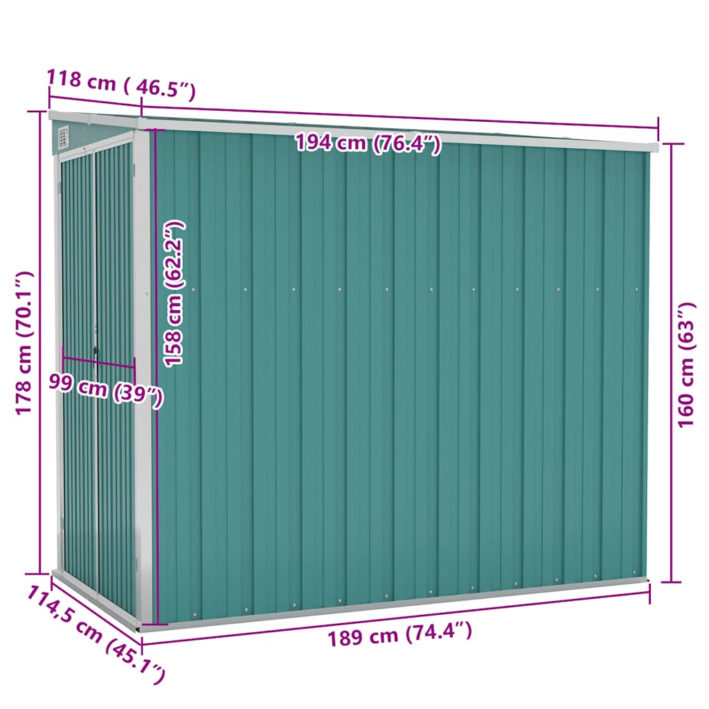 Abrigo suspenso p/ jardim 118x194x178 cm aço galvanizado verde